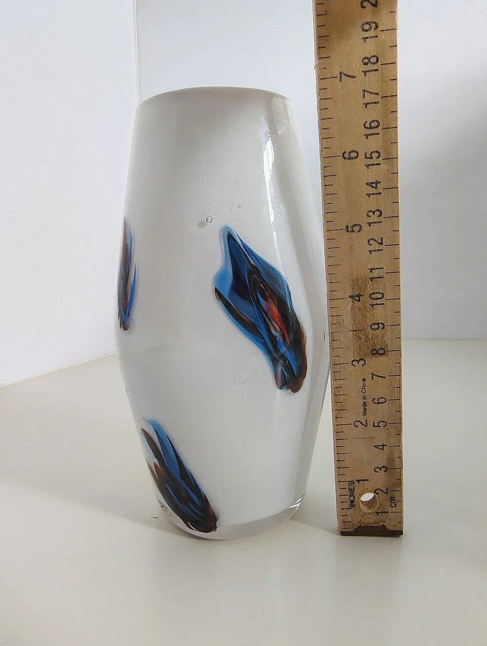 Vintage 1970s Italian Opaline Glass Vase Hand Blown White Blue Macchie Splashes